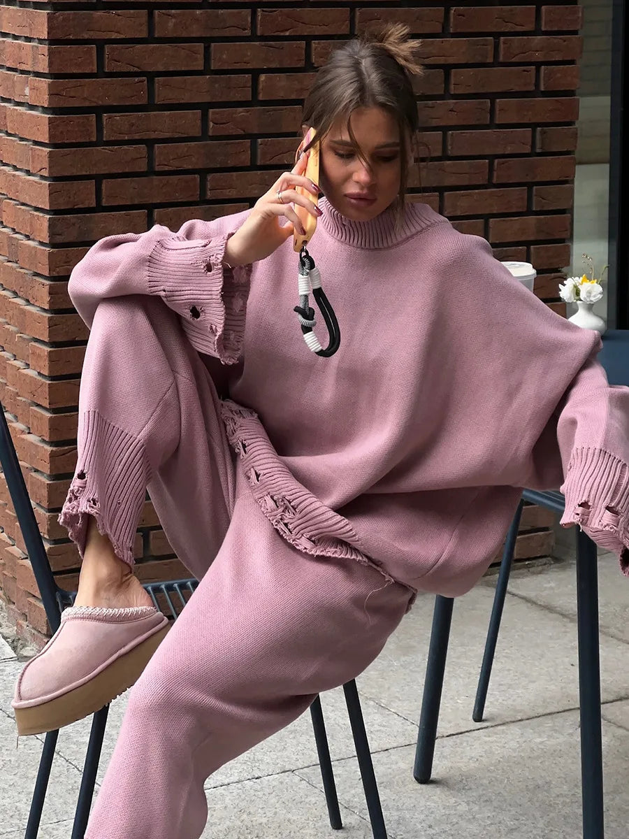 Two Piece Ripped Set Women Knit Tracksuits O Neck Long Sleeve Casual Baggy Sweatshirts+ Joggers Pants Outfits 2025 Fall Winter.
