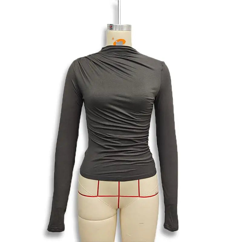 Women Tees Sexy Turtleneck Long Sleeve Pleated All-match Basic Lady T-shirts 2025 Spring Autumn Fashion Chic Female Streetwears