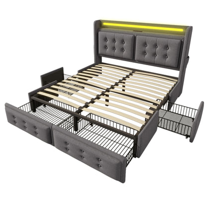 KOMHTOM Doppelbett Baumwolle - LED-Kopfteil, USB C Ladefunktion, 4 Schubladen, ohne Matratze