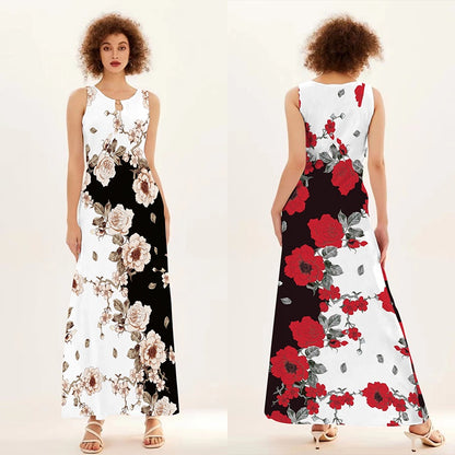 Blumendruck Neues lässiges ärmelloses langes Kleid Damen V-Ausschnitt bedrucktes Kleid Swing Bohemian Retro Kleider