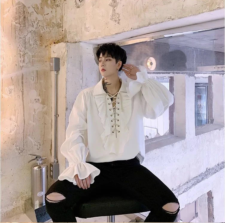 Pirate Shirt for Men Vintage Gothic Renaissance Style Frilled Lace-Up Medieval Buccaneer Blouse Top for All Seasons