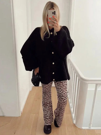 TRAF Women's Bat Sleeve Cardigan Sweater Temperament Lapel Metal Button Decoration Fashion Jacket Casual Commuter Women's Tops