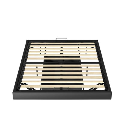 Lazyspace 160 x 200 cm großes Doppelbett mit Stauraum, schwebendes Bett ohne Kopfteil, Unterbett mit LED-Leuchten, schwarzes PU, ohne Matratze