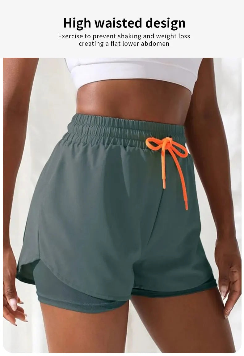 Women's High Rise Yoga Shorts With Elastic Proximity Control Running Shorts, Fake Two Pieces Pants.