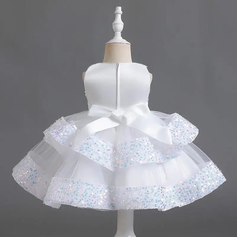 Sommer Neue Perlen Fliege Pailletten Mesh Kinder Ärmelloses Abendkleid Schule Abschlussfeier Multi Layered Kleid