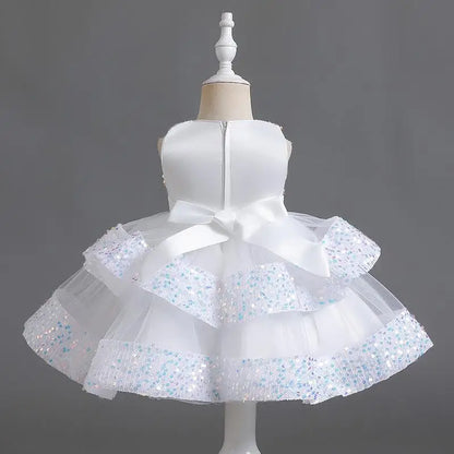Sommer Neue Perlen Fliege Pailletten Mesh Kinder Ärmelloses Abendkleid Schule Abschlussfeier Multi Layered Kleid