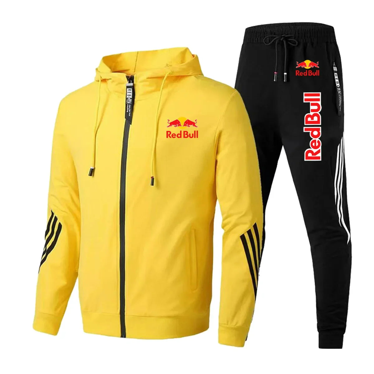 2025 Red Bull Brand Logo Printed Men's Zipper Hoodie With Casual Trousers Cycling Sports Two-piece Solid Color Simple Men's Suit.