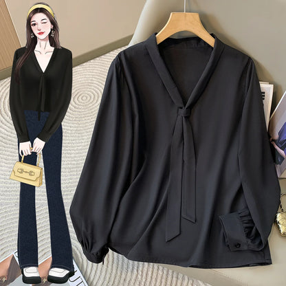 Loose Long Sleeve V-Neck Work Shirt for Women Plus Size Women's Blouses Fashion Versatile Autumn Bow Tops Trendy Business Shirts