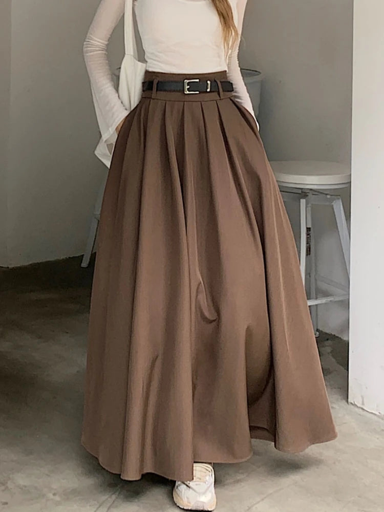 Qiukichonson Grey Midi Long Skirts Womens Maxi Skirt 2023 Autumn Winter Suit Skirt Goth Lolita High Waist Ruffle Pleated Skirts.