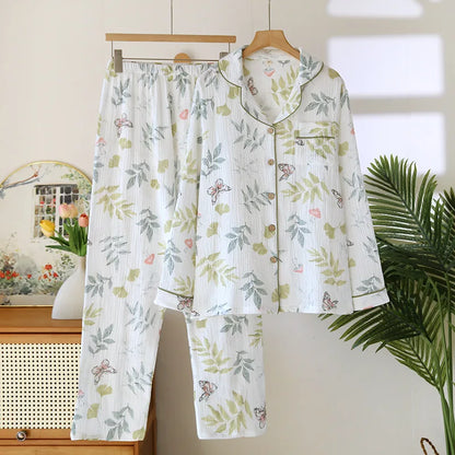 2025 neue Frühjahr/Sommer frauen Pyjama Set 100% Baumwolle Crepe Nette Liebe Langarm Lange Hosen Zwei Stück set Strickjacke Hause Kleidung