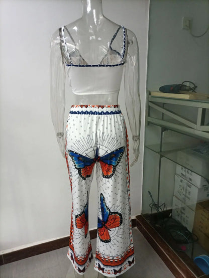 Sexy Two Piece Set Women Outfit 2025 Summer Butterfly Print V-Neck Cropped Top High Waist Drawstring Casual Wide Leg Pants Sets.