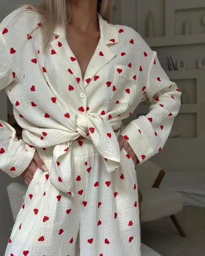 2-Piece Muslin Pajamas Set for Women 100% Cotton Love Printed Comfortable Long-Sleeved Tops Pajamas Home Wear Sleep Autumn Cloth.