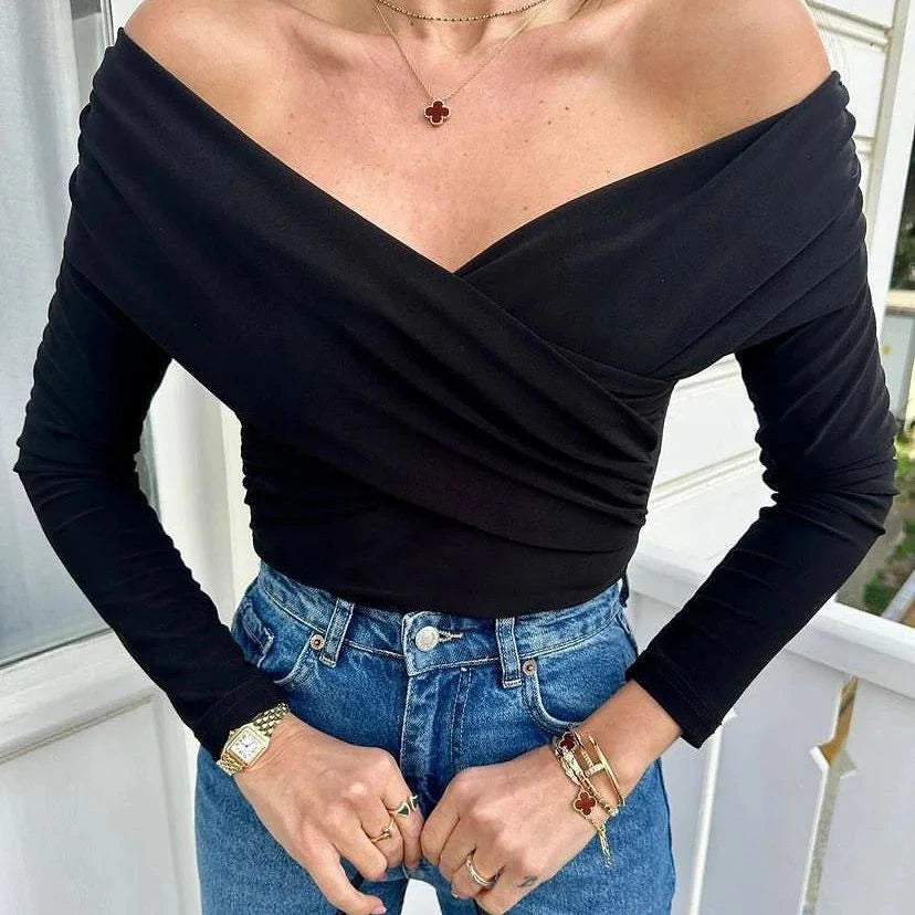 New Solid Sexy Off Shoulder Bodysuits Women Fashion Crossed Folds Skinny Rompers Long Sleeve Fashion Streetwear Autumn Bodysuits.