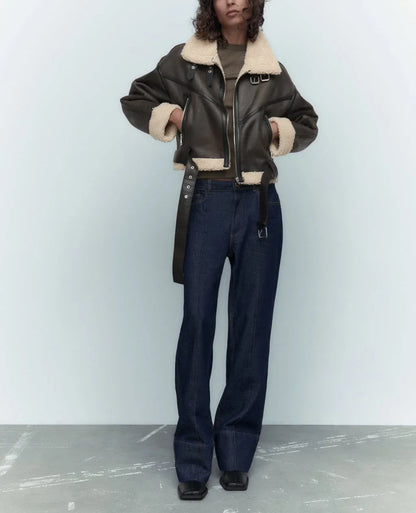 Frau dicke warme doppelseitige Faux Shear ling Jacke Herbst Winter neue Revers Langarm Gürtel Saum Reiß verschluss weibliche Oberbekleidung