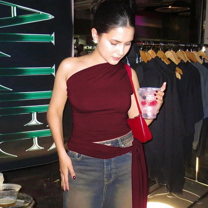 Cryptographic One Shoulder Solid Lace Up Tops Summer Y2K Outfits Sexy Backless Sleeveless Crop Tank Coquette Streetwear Clothes.