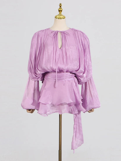 GALCAUR Solide Lose Splicd Lace Up Kleider Für Frauen V-ausschnitt Mit Langen Ärmeln Patchwork Rüschen Tunika Kleider Weibliche Mode Neue