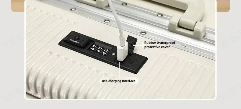 Vorne öffnender Rollgepäckkoffer mit großer Kapazität, Aluminiumrahmen, ABS + PC-Trolley, Koffer, USB-Lade-Boarding-Koffer