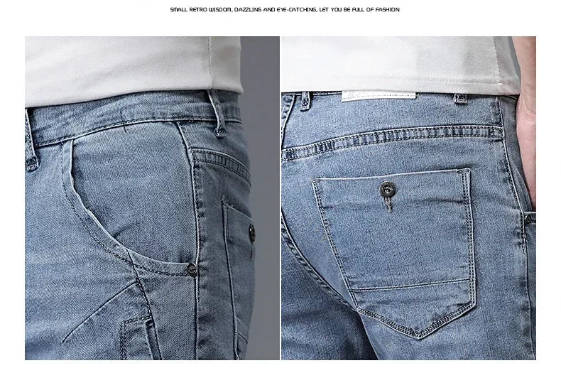 2024 New Men's Skinny Jeans Blue Gray Cotton Elasticity Straight Pencil Foot Slim Fit Fashionable Casual Denim Long Pants Male.