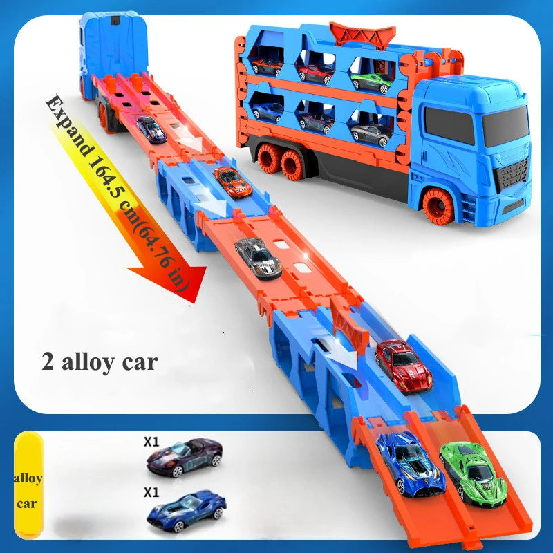 Large Car Transporter Truck Folding Track Racing Vehicle Kids Competitive Games Storage Alloy Car Boy Toy Children Novel Gift.