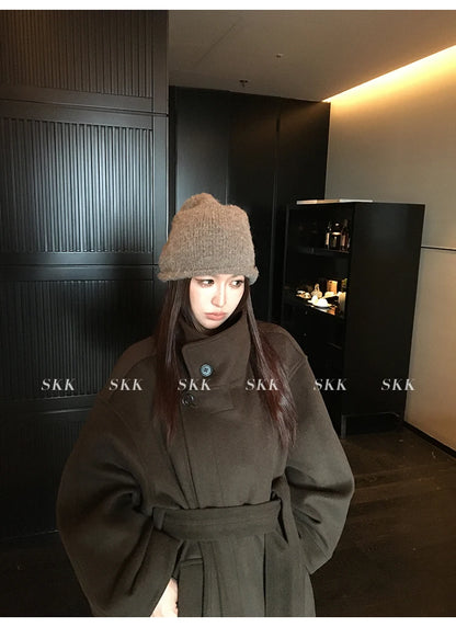 MiiiiX Lässiger Stehkragen, lockerer Wollmantel, mittellang, vielseitige Jacke, Schnür-Taille, Oberbekleidung, 2024, Herbst-Damenkleidung