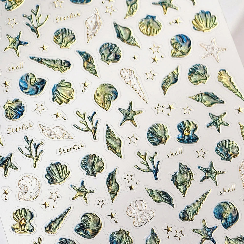 Ocean Theme 5D Nail Sticker Summer Beach Seashells Starfish Conch Scallop Shell Coral Self Adhesive Decoration Manicure Decal