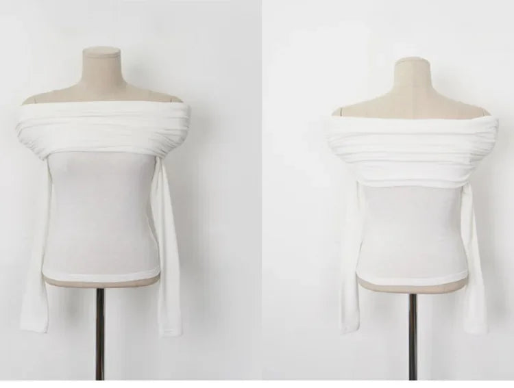 Korean Dongdaemun Spring Summer New Style Elegant One Shoulder Pleated Thin Long Sleeve Slimming Fit Cotton T-Shirt.