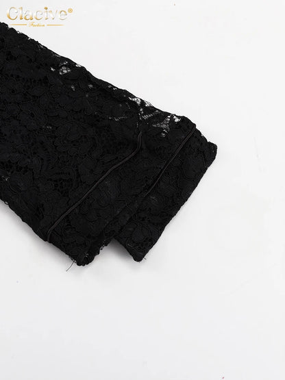 Clacive Sexy Loose Black Lace See Through Trousers Sets Women 2 Pieces Fashion Long Sleeve Shirt With High Waist Wide Pants Set.