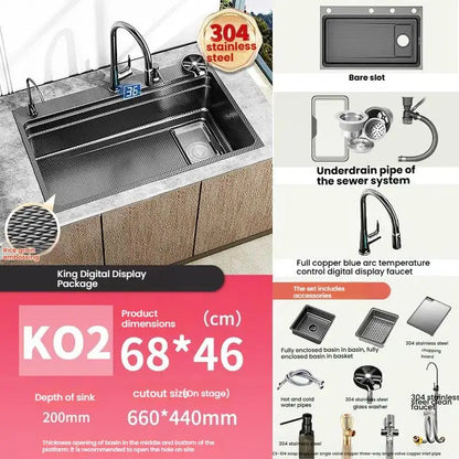 Gray 304 Stainless Steel Kitchen Sink Wash Dish Bowl Nano Embossing Large Single Slot Multifunctional Household Undermount Basin