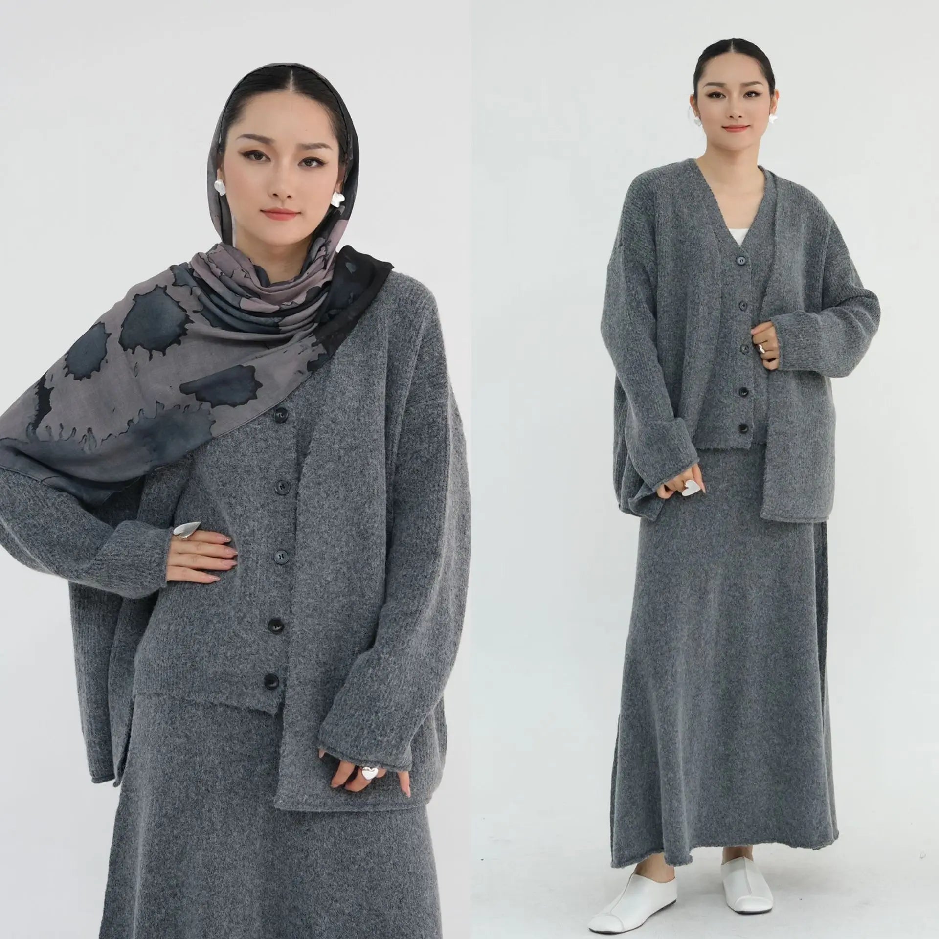 Winter Knitted Wool Cotton 3 Piece Abaya Set + Hijab Daily Thick Warm Modest Muslim Women Islamic Wholesale Suit Abaya.