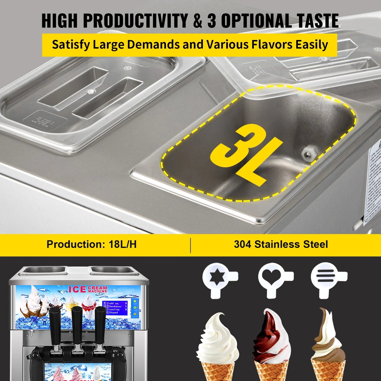 SIHAO Commercial Soft Serve Ice Cream Machine - Tri-Flavor 18L/H with LCD Display & One-Touch Cleaning for Dessert Shops, Cafes.