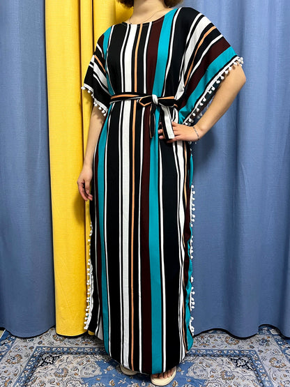 Abayas For Women 2024 Printed Vertical Stripe Tassels Elasticity Loose Fit Femme Robe African Woman Dresses With Belt Headscarf.
