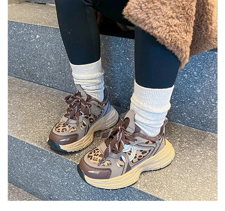 Children's Sneakers Autumn Winter Boys Sport Shoes Girls Plush Warm Casual Cotton Shoes Studnet Leopard Print Anti Slip Sneakers.