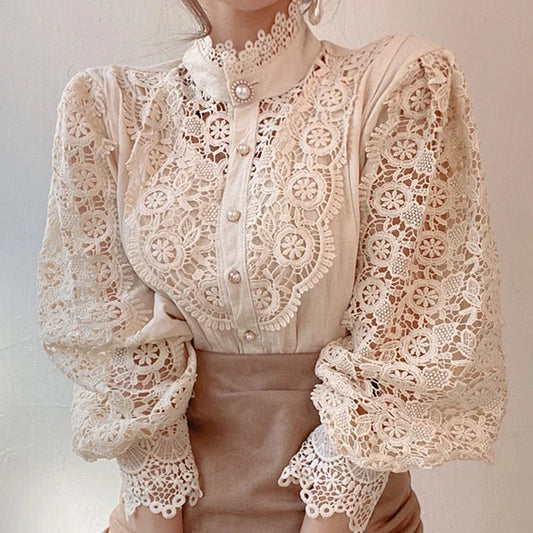 Fashion Long Sleeve Women Blouse Hollow Out Lace Blouse Shirt Tops Women Blusas Mujer De Moda 2024 Blouses Femme Women Shirts.