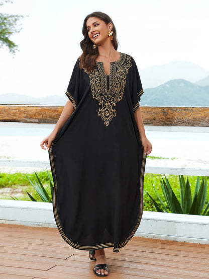 2025 Indie Folk Schnürung V-Ausschnitt Fledermausärmel Sommer Strandkleid Tunika Damen Beachwear Kaftan Maxikleid Robe Sarong Q775.