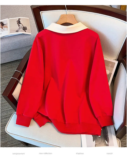 170kg plus size Damen büste Herbst lose Revers Langarm Sweatshirt schwarz rot 6xl 7xl 8xl 9xl 10xl 11xl
