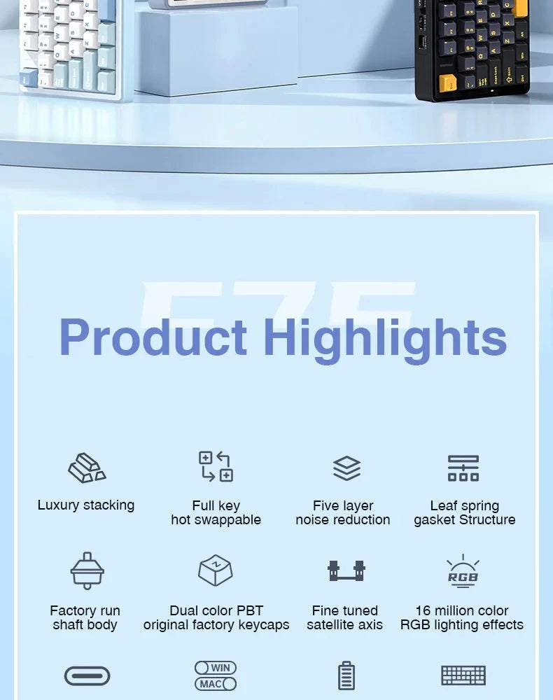 AULA F75 2.4G Wireless/Bluetooth/Wired Gaming Mechanical Keyboard RGB Customized 75% Layout OEM Profile Gasket Structure.