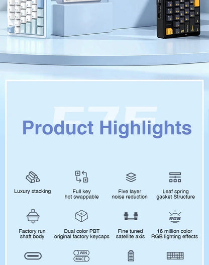 AULA F75 2.4G Wireless/Bluetooth/Wired Gaming Mechanical Keyboard RGB Customized 75% Layout OEM Profile Gasket Structure.