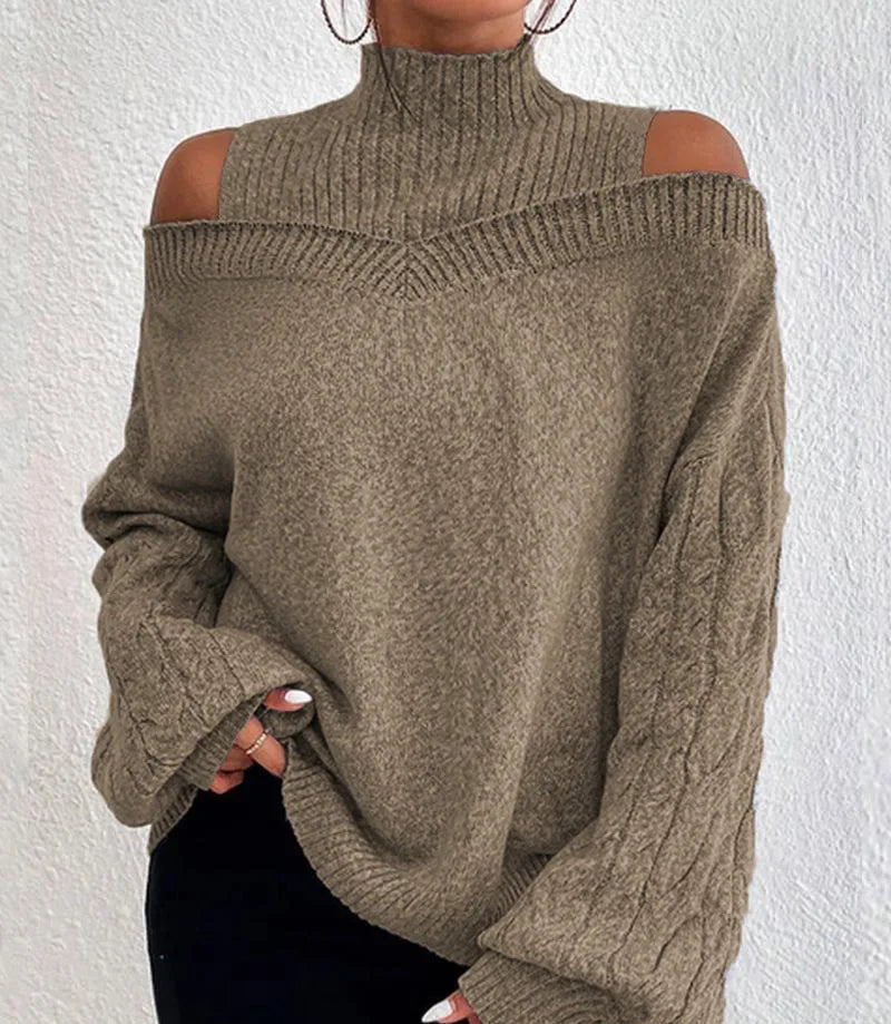 2025 Autumn Winter New Solid Knitting Off Shoulder Sweaters Elegant Office Lady Half High Collar Splice Loose Pullovers Sweater.