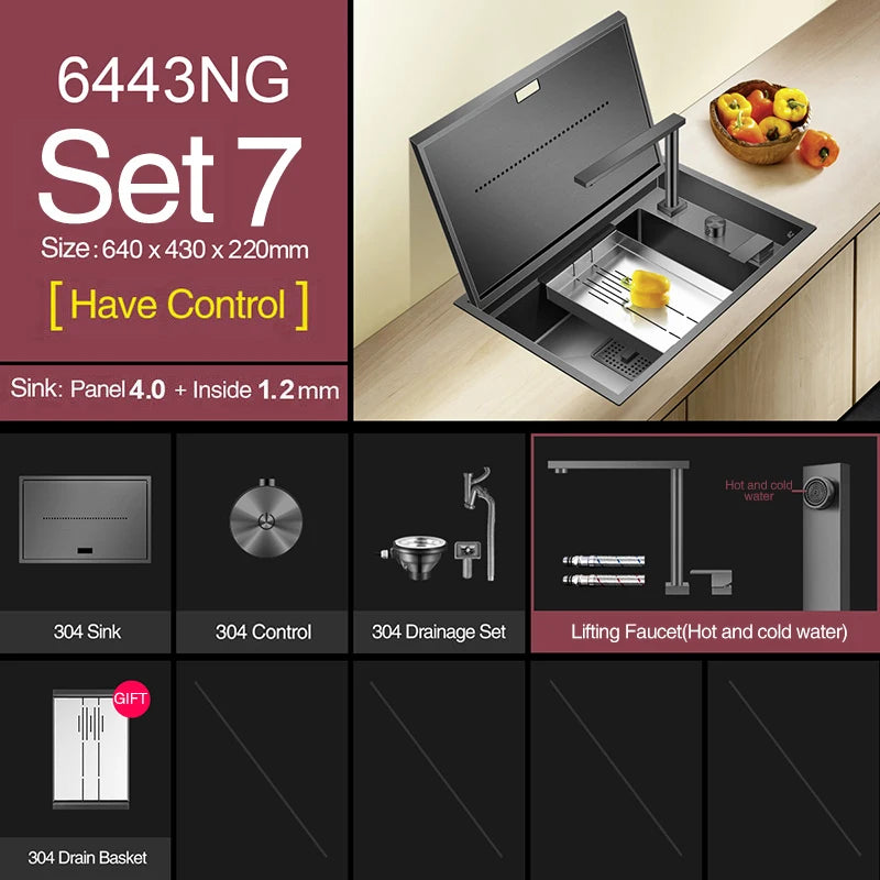 Nanometer Black Hidden kitchen Sink SUS 304 Stainless Steel 4mm Thickness Flip Cover Hidden Handmade kitchen Sinks