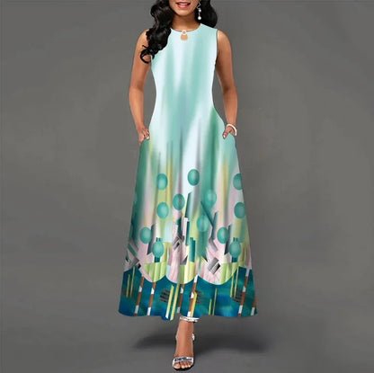 Blumendruck Neues lässiges ärmelloses langes Kleid Damen V-Ausschnitt bedrucktes Kleid Swing Bohemian Retro Kleider