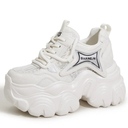 AUTUSPIN 10cm Pink Thick Soled Shoes for Summer Women Breathable Lace-up Ladies Sneakers Outdoor Casual Fashion Platform Shoes.