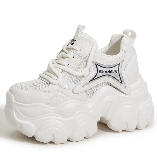 AUTUSPIN 10cm Pink Thick Soled Shoes for Summer Women Breathable Lace-up Ladies Sneakers Outdoor Casual Fashion Platform Shoes.