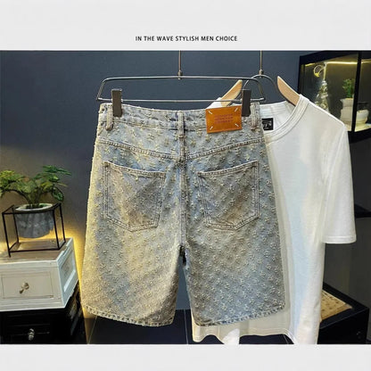 Retro American Casual Vintage Worn Short Jeans Men Straight Loose High Street Five-Point Pants Summer 2025 Distressed Denim.