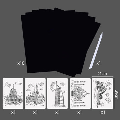 Scratch Art Paper Set 10 Sheets 5 Stencil Templates World Landmarks Animal DIY Kit Creative Painting Craft Magic Toy Kids Gift
