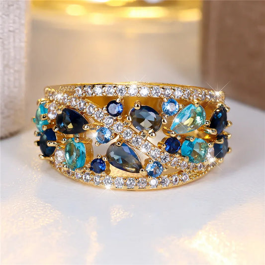 Cute Female Big Water Drop Engagement Ring Vintage Gold Color Wedding Jewelry For Women.