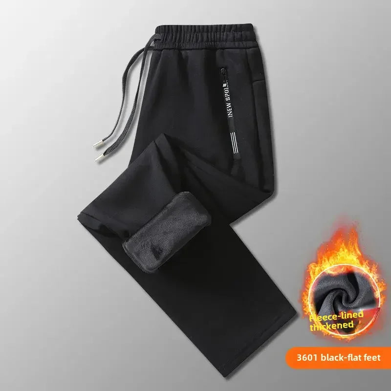 Autumn Winter Men's Loose-fit Casual Straight-leg Pants Fleece-lined Thickened Bunded Feet Sweatpants Trendy Male Style.