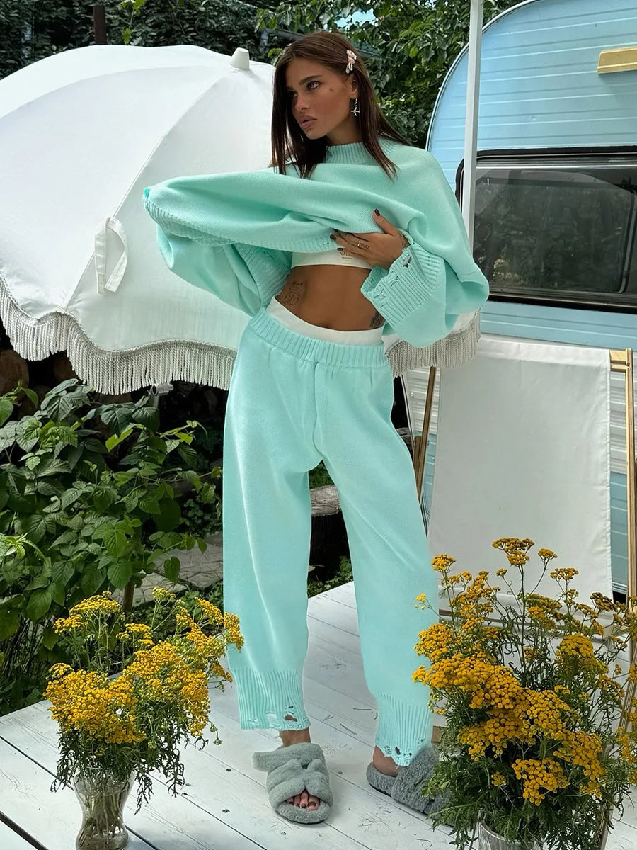 Two Piece Ripped Set Women Knit Tracksuits O Neck Long Sleeve Casual Baggy Sweatshirts+ Joggers Pants Outfits 2025 Fall Winter