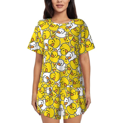 Benutzerdefinierte Frauen Gelb Klassische Gummi Ente Pyjamas Set Gedruckt Zwei-stück Pj Sets Kurzarm Nachtwäsche Loungewear