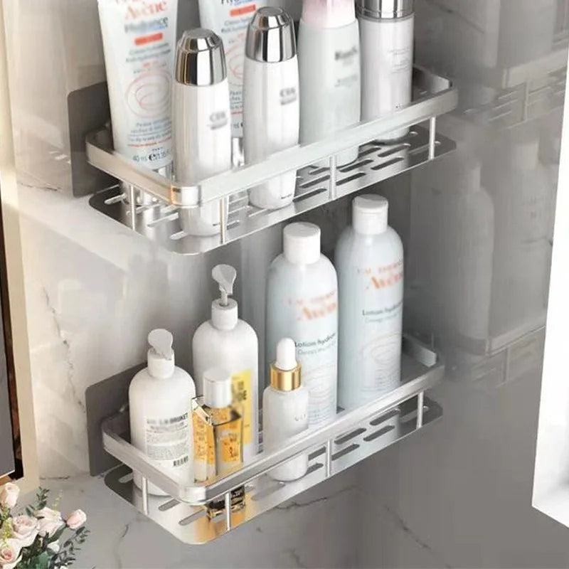 Goldene doppelte Aluminiumregale, keine Stanzlöcher, Badezimmer, Küche, Aufbewahrungsorganisator, langlebig, einfach zu installieren, platzsparend, modernes Design