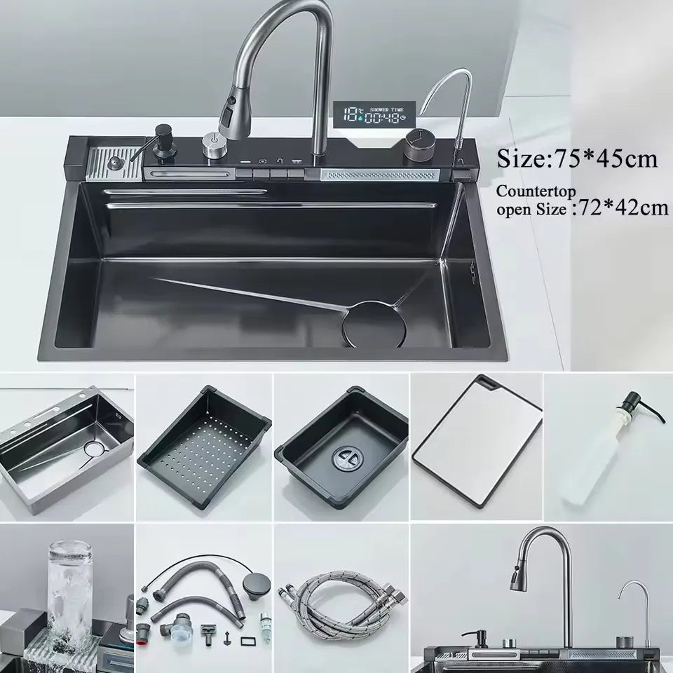 Stainless Steel Kitchen Sink with Hot Cold Pull Out Kitchen Sink Faucets Digital Large Single Bowl Waterfall Rain Kitchen Sinks
